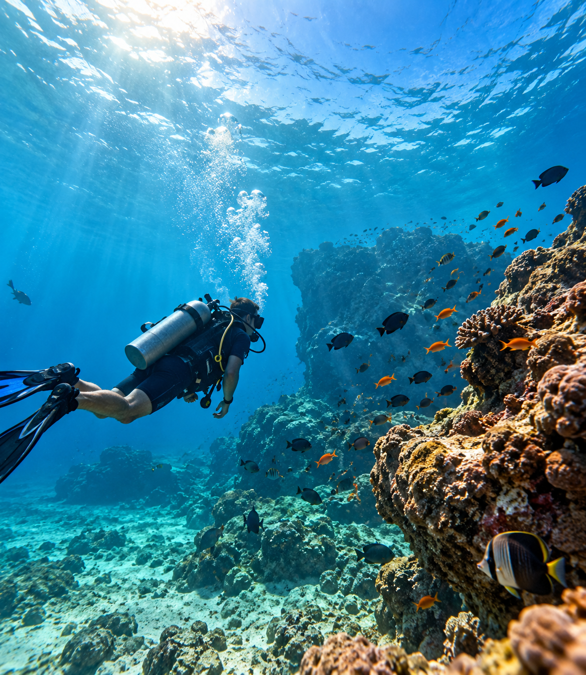Scuba diver exploring underwater coral reef in Sri Lanka