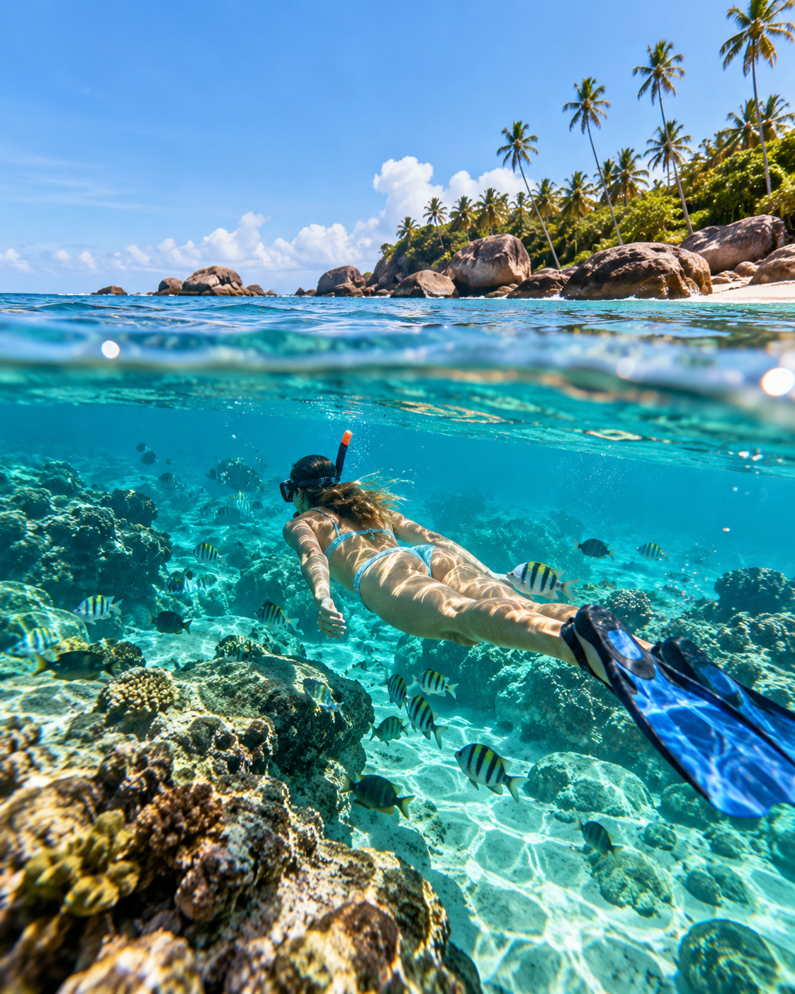 Snorkeling over shallow reef with fish in Hiriketiya